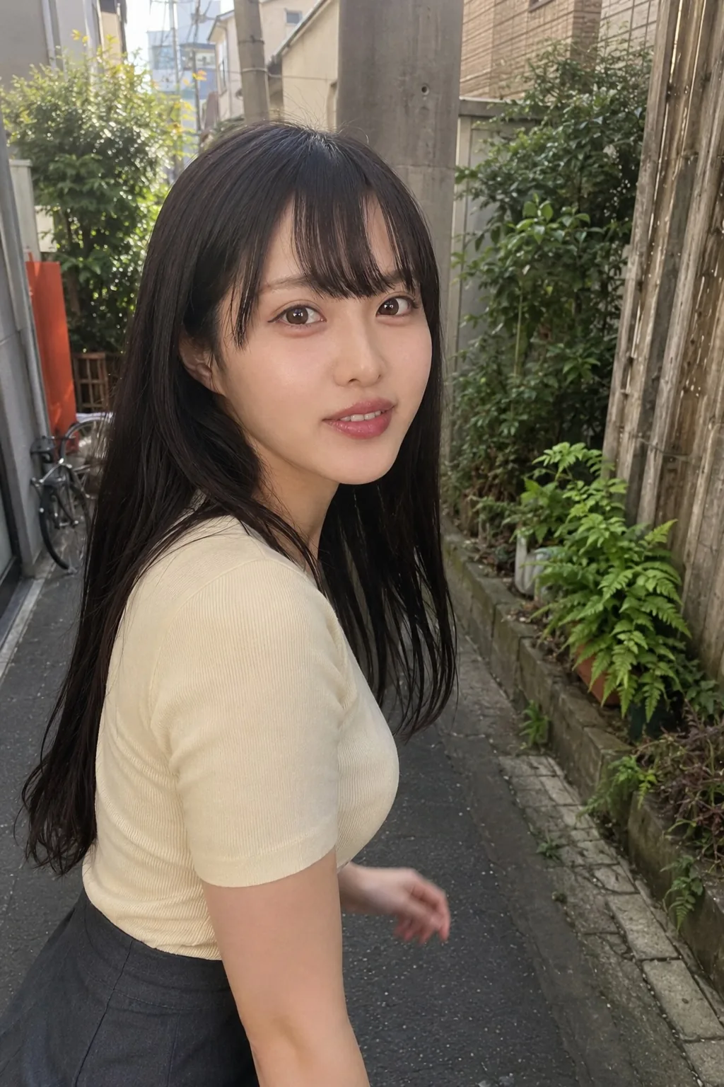 緑のある路地でクリーム色のトップスと濃色のスカートを着て正面を見る人物