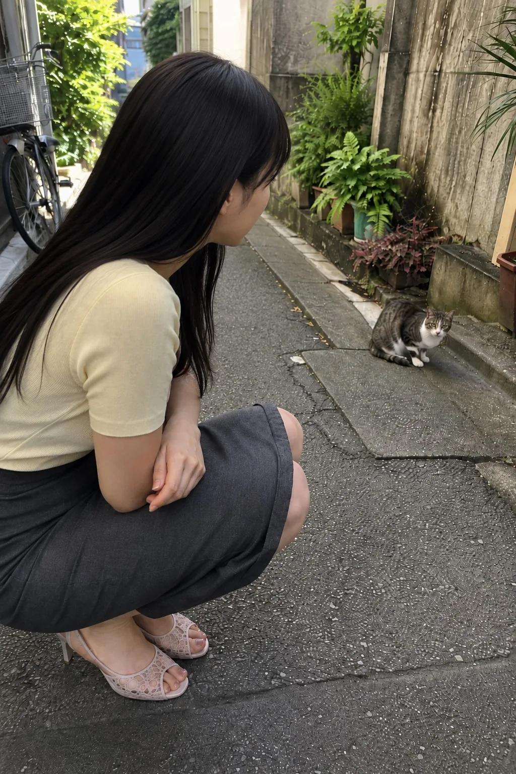 緑のある路地でクリーム色のトップスと濃色のスカートを着て猫の方へ身をかがめる人物