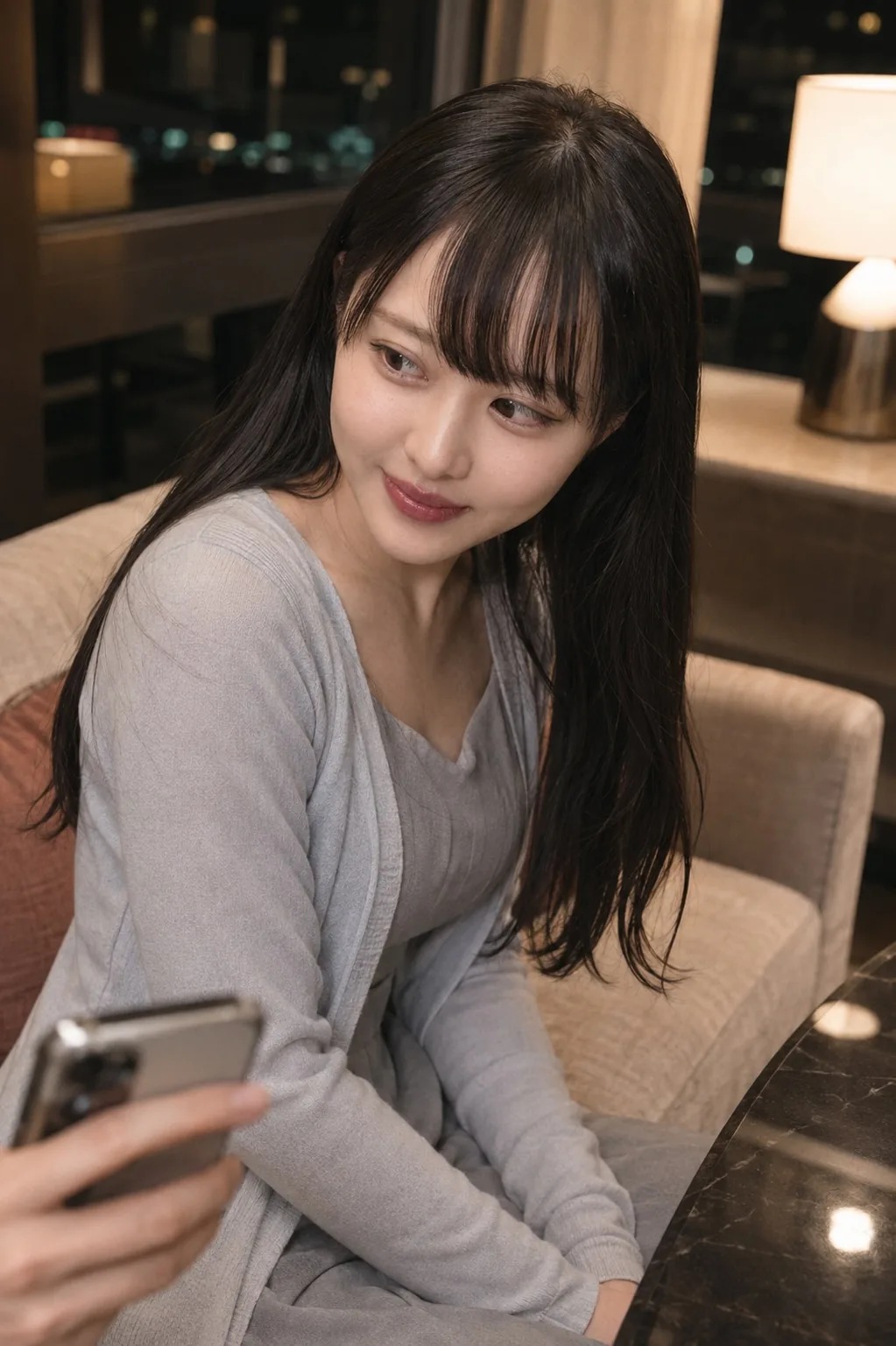 室内のソファでグレーのワンピースとカーディガンを着てスマートフォンを手に横を見る人物