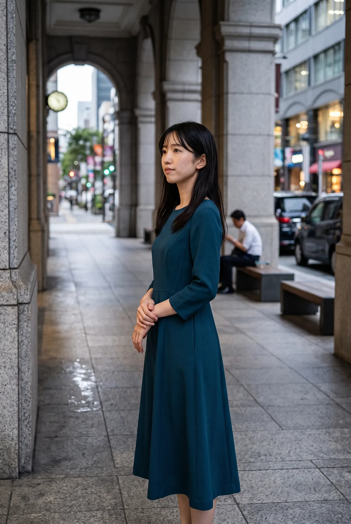 石柱の並ぶ通路で青緑色の長袖ワンピースを着て横を向いて立つ人物