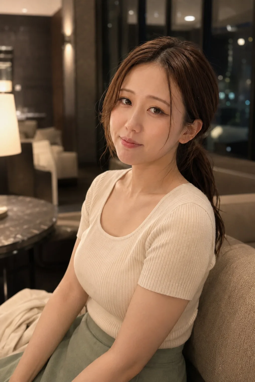 夜の室内で白い半袖トップスと淡い緑のスカートを着て椅子に座る人物