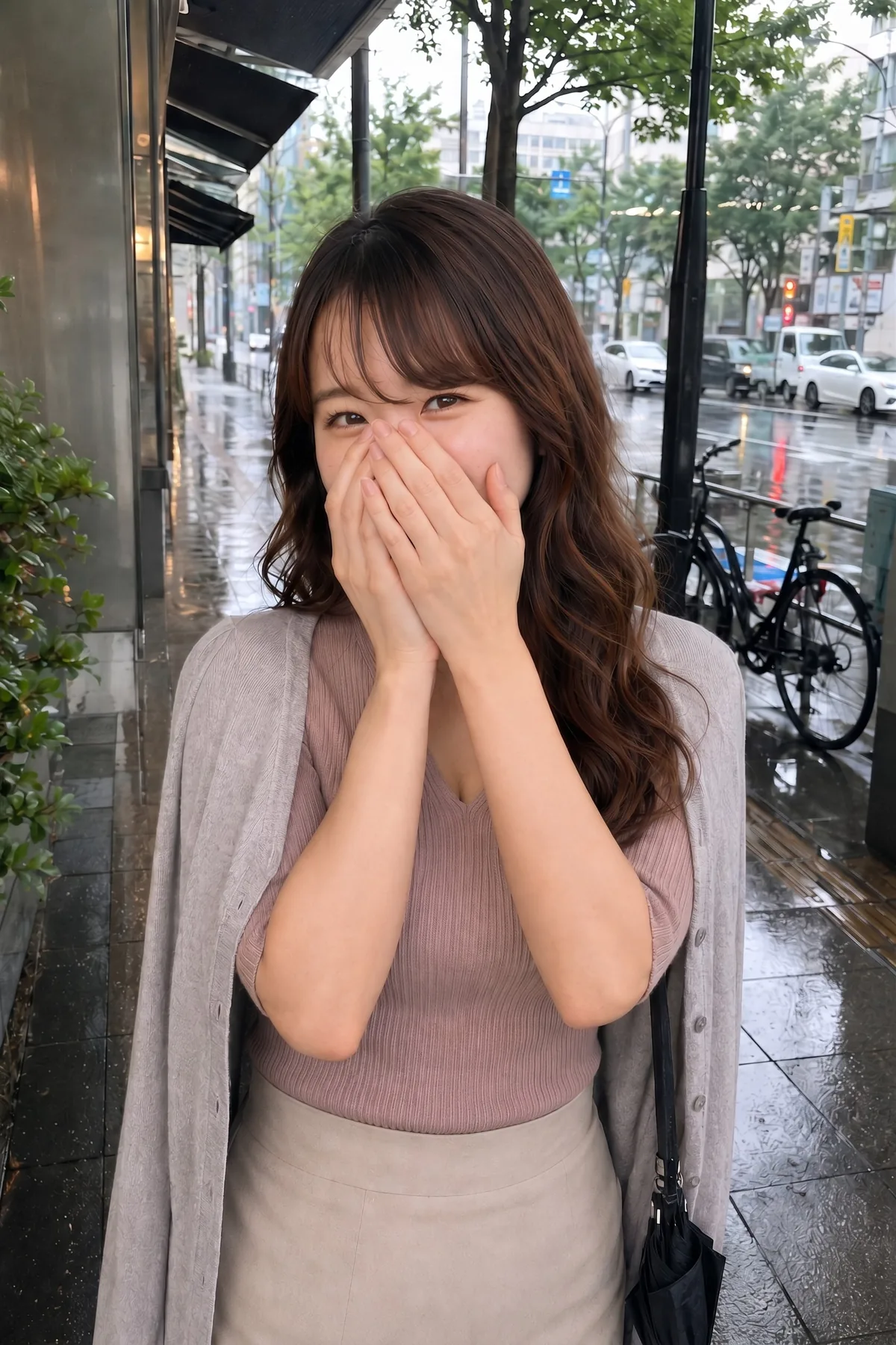 雨の街路で淡い紫のトップスとグレーのカーディガンを着て両手を顔の前に添える人物