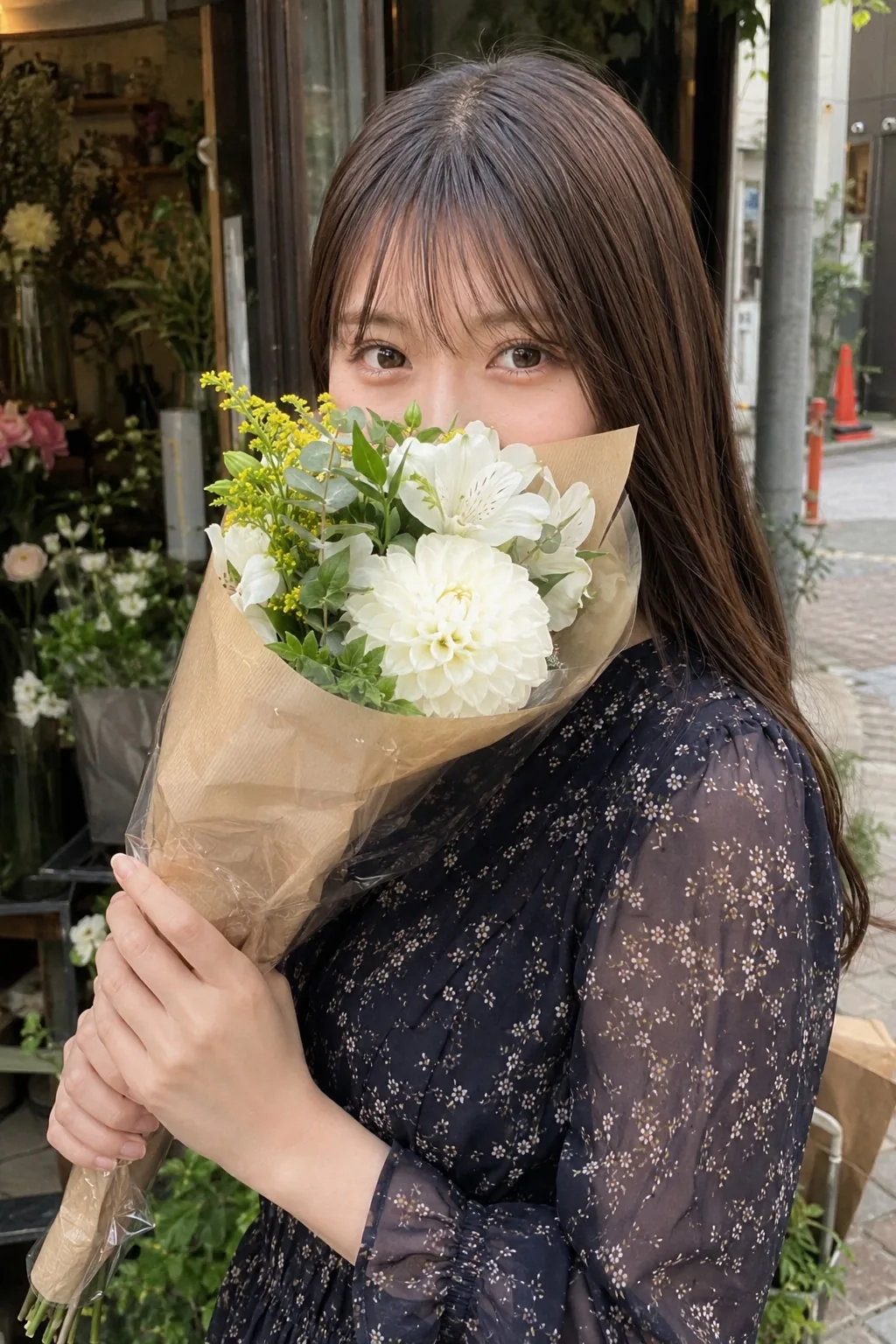 花店の前で紺の花柄ワンピースを着て白い花束を顔の前に持つ人物