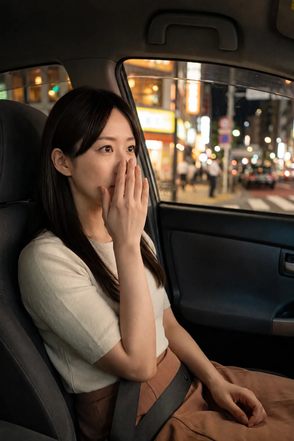 夜の車内で白い半袖トップスと茶色のスカートを着て片手を口元に添える人物