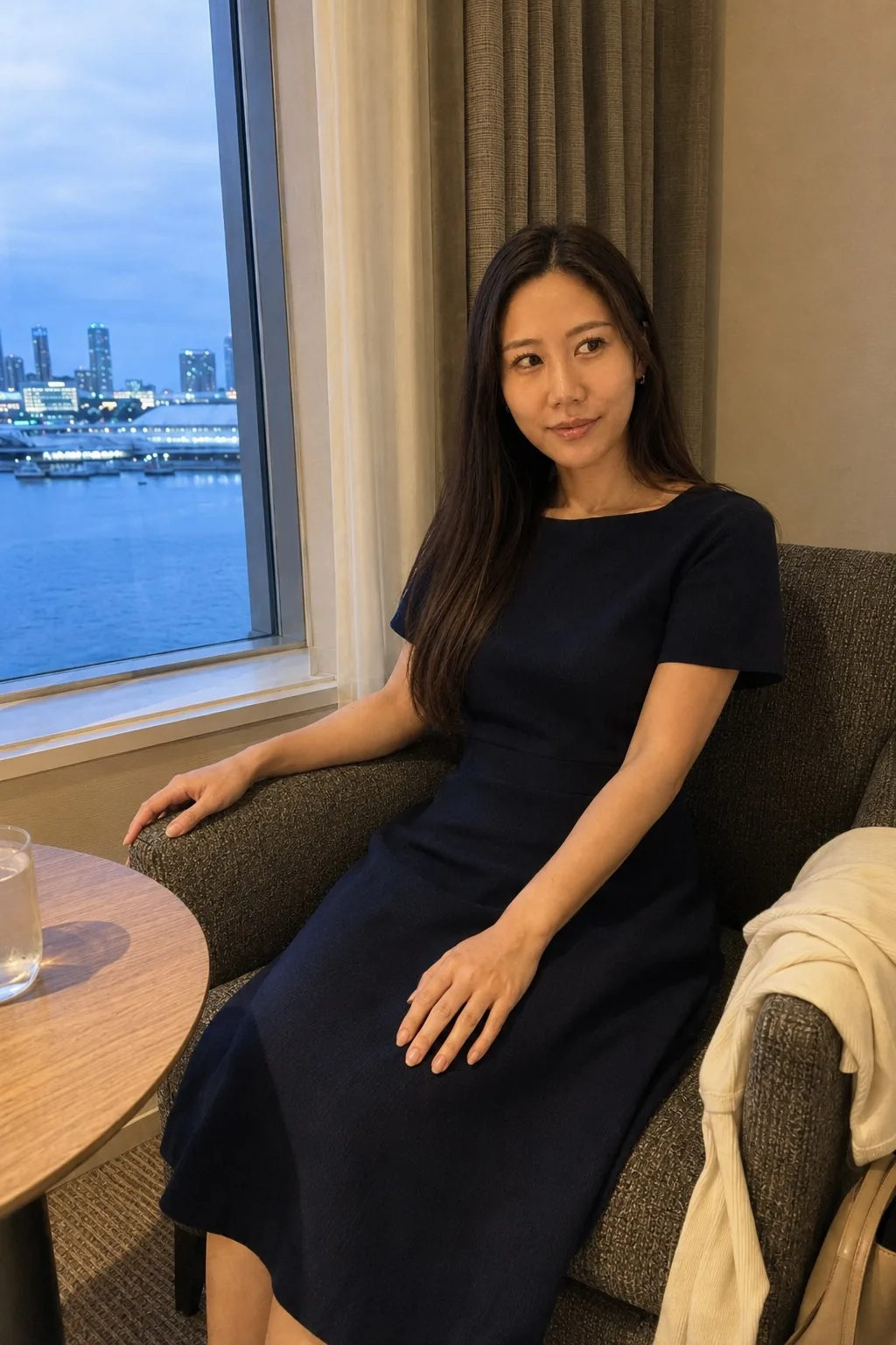 水辺を望む室内席で紺のワンピースを着て椅子に座る人物