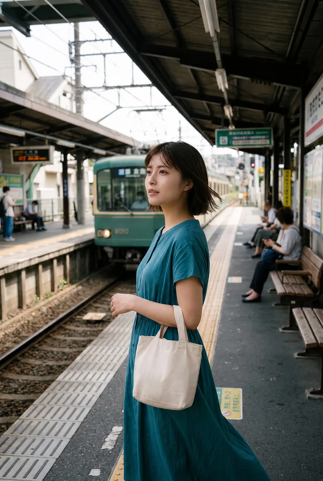 駅のホームで青緑色の半袖ワンピースを着て線路の方を見る短い髪の人物