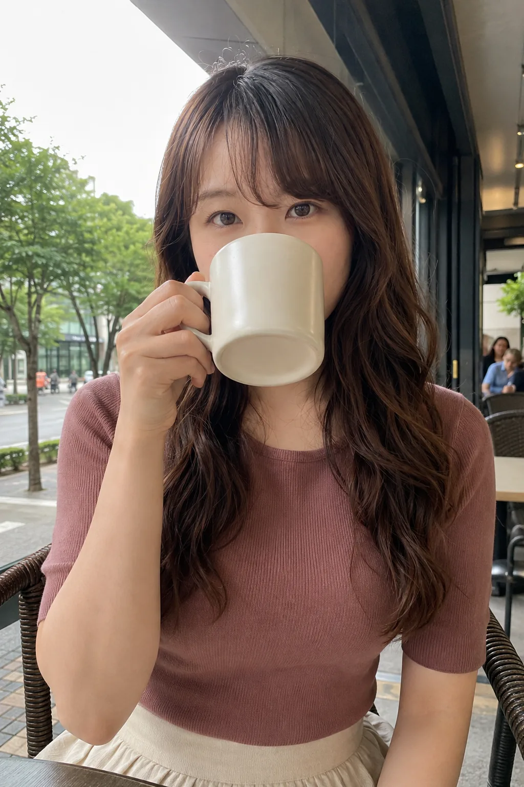 屋外席で茶色の半袖トップスと白いスカートを着て白いマグカップを口元に持つ人物