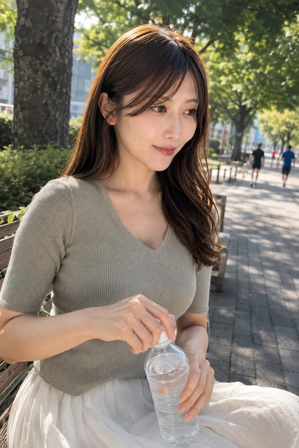 木々のある公園でグレーのトップスとクリーム色のスカートを着て飲み物を持ち下を見る人物