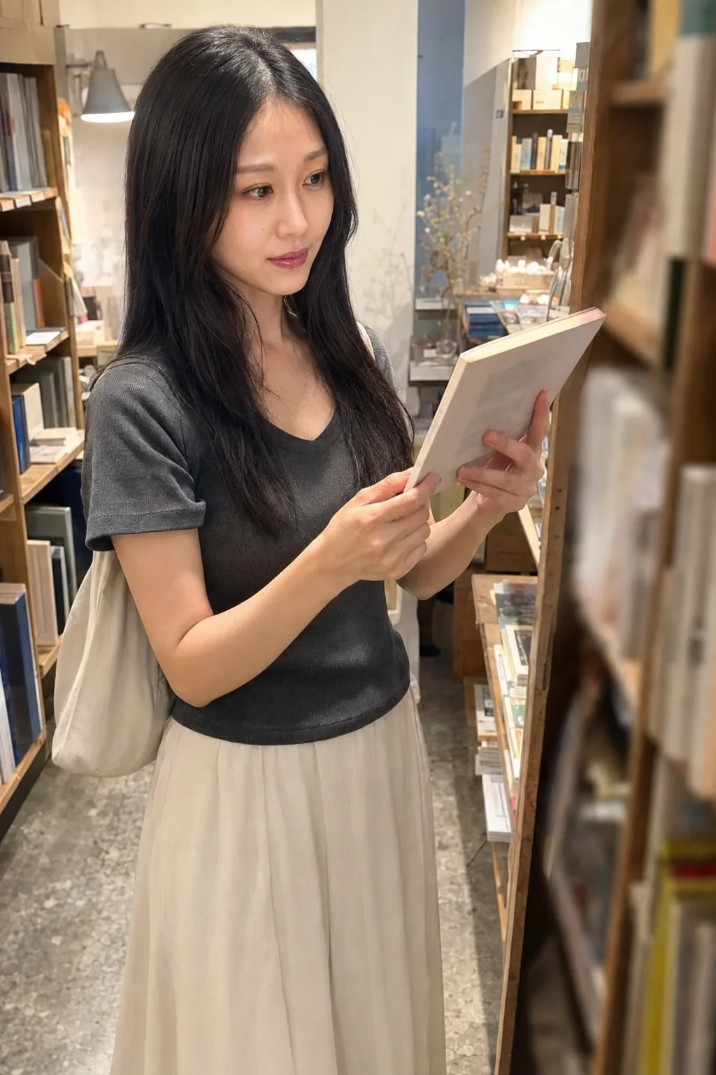 本棚のある室内で濃いグレーの長袖トップスと淡色のスカートを着て本を手に取る人物